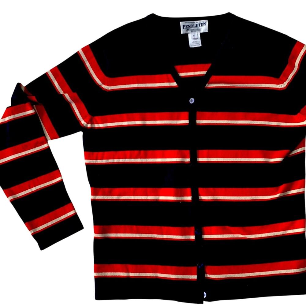 Women's Pendleton Striped Red White Navy Silk Nylon Cardigan Small Petite